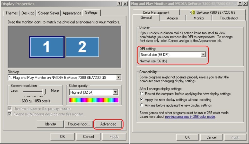 HiDPI settings in Windows XP