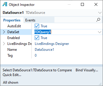 FDQuery1 in the DataSet property of the DataSource1