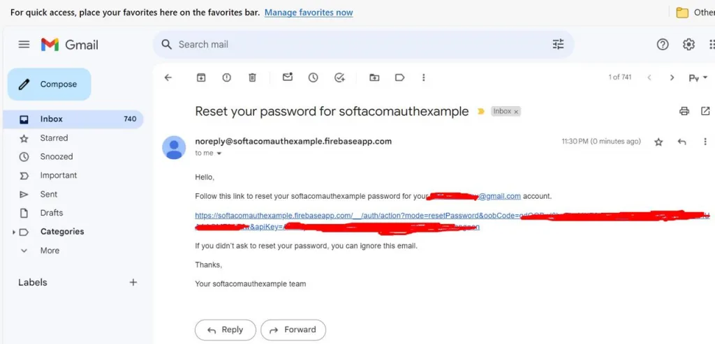 Password reset email sent to the user's email