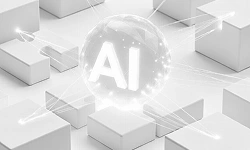 Abstract 3D illustration of artificial intelligence represented as a glowing AI cube among connected blocks